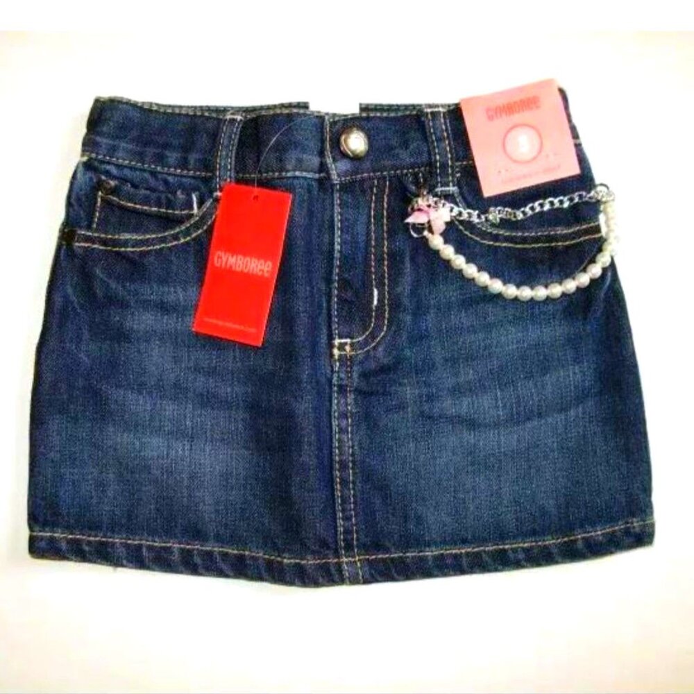NEW Gymboree girls skirt 3 3T medium dark denim jean pearl chain pocket pink bow - Picture 2 of 2